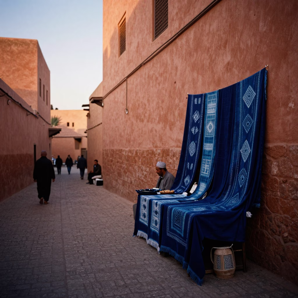 Evening Street Scene in Marrakech Medina With Indigo Fabric And Traditional Architecture in in Marrakech, Morocco