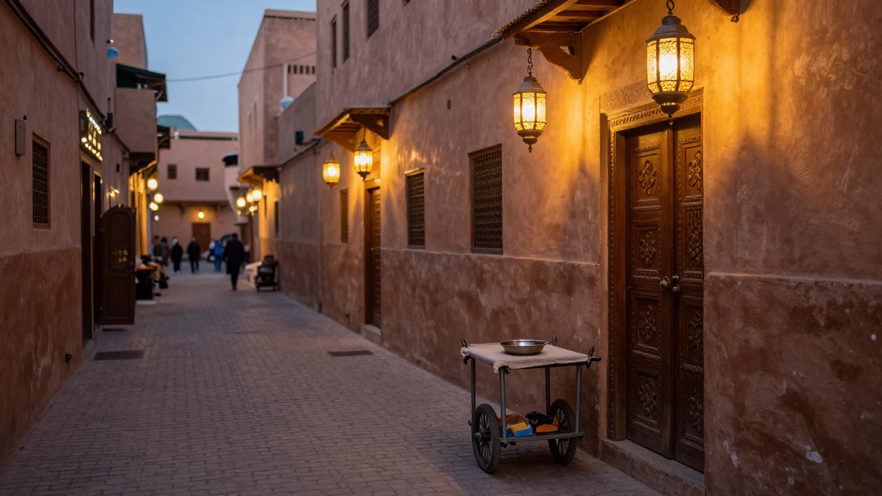 Evening Street Scene in Marrakech Medina with Traditional Lanterns and Local Commerce in in Marrakech, Morocco