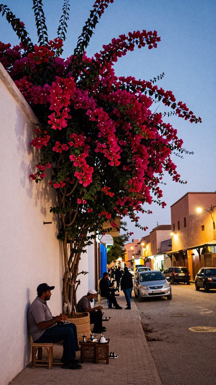 Evening street scene in Marrakech Morocco with bougainvillea and traditional tea service in in Marrakech, Morocco