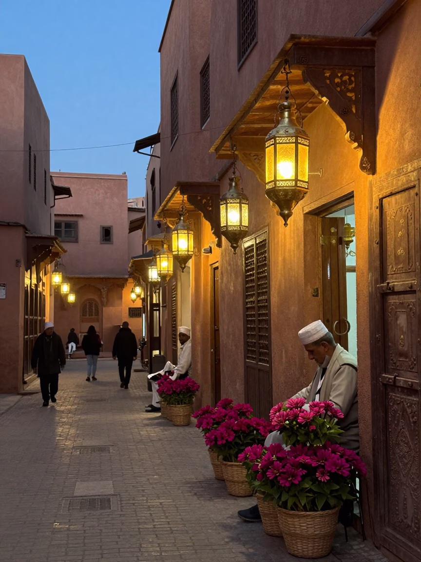 Evening Street Scene in Marrakech Morocco with Brass Lanterns and Traditional Architecture in in Marrakech, Morocco