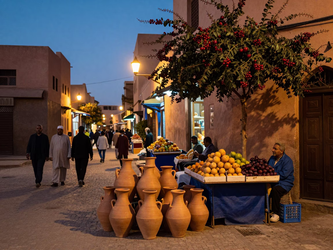 Evening Street Scene in Marrakech Morocco with Clay Pots and Cherry Stalls in in Marrakech, Morocco