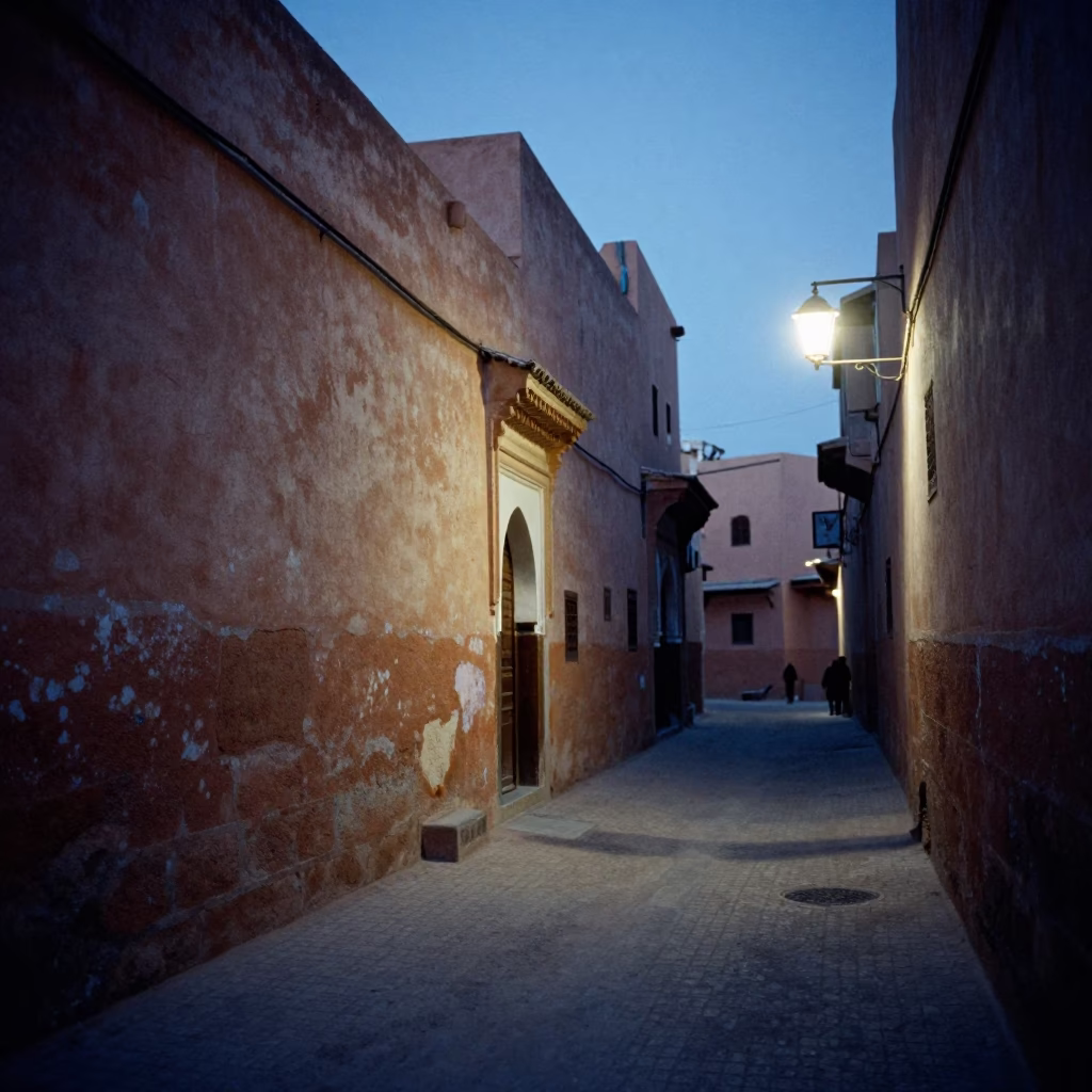 Evening Street Scene in Marrakech Morocco with Dusty Plaster Walls and Traditional Souk Activity in in Marrakech, Morocco