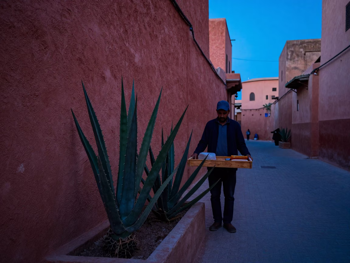 Evening Street Scene in Marrakech Morocco with Echeveria and Wooden Tray in in Marrakech, Morocco