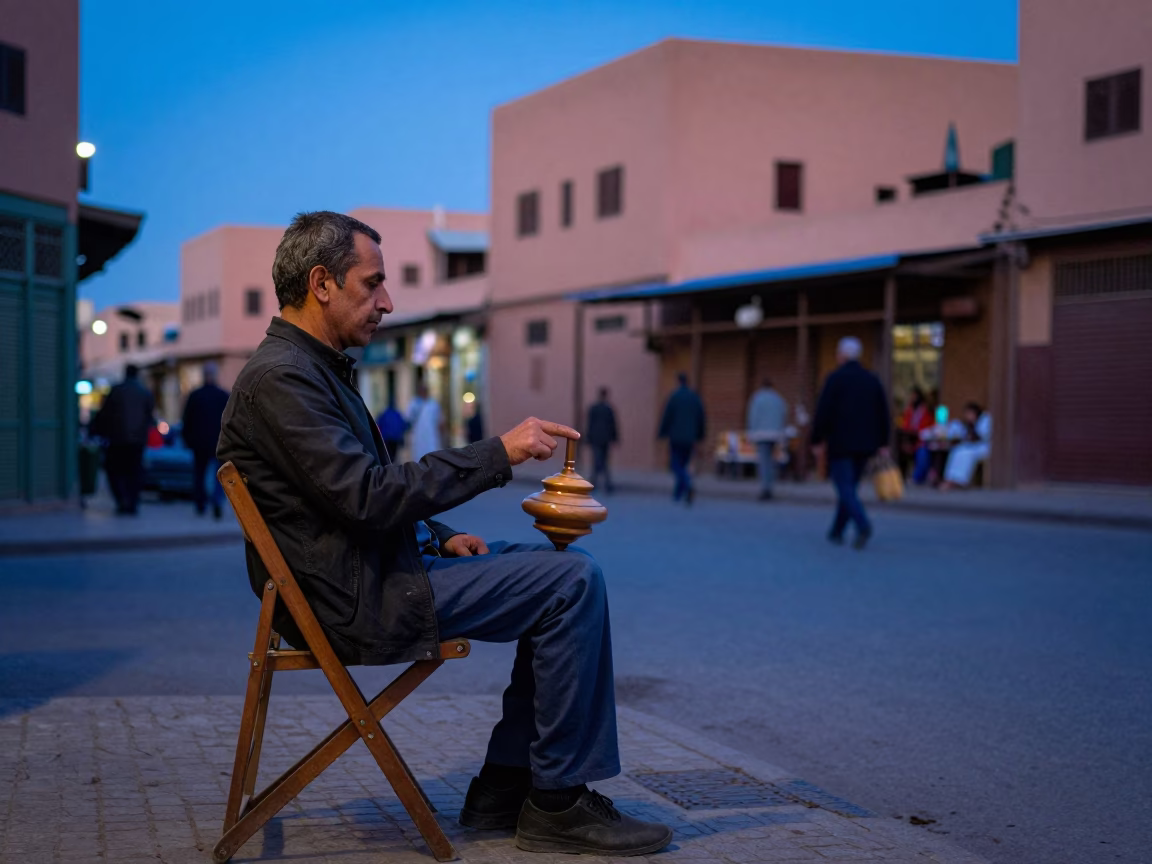 Evening Street Scene in Marrakech Morocco with Folding Chair and Spinning Top in in Marrakech, Morocco