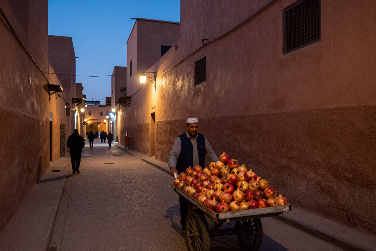 Evening street scene in Marrakech Morocco with glowing city lights and traditional architecture in in Marrakech, Morocco