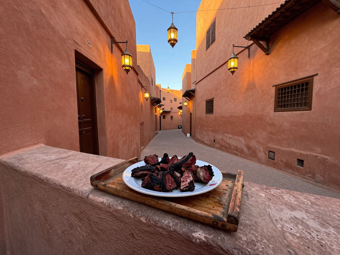 Evening street scene in Marrakech Morocco with hanging lanterns and traditional architecture in in Marrakech, Morocco
