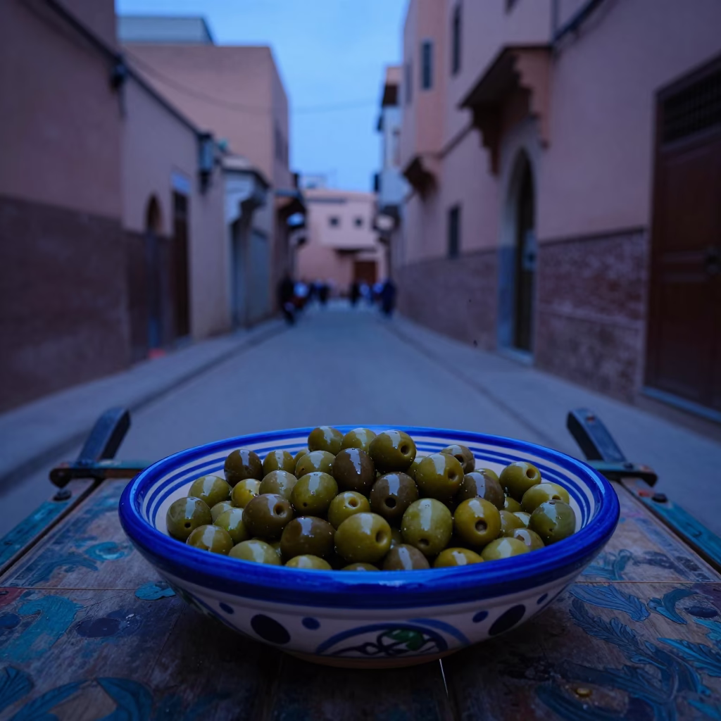 Evening Street Scene in Marrakech Morocco with Olive Dish and Blue Light in in Marrakech, Morocco