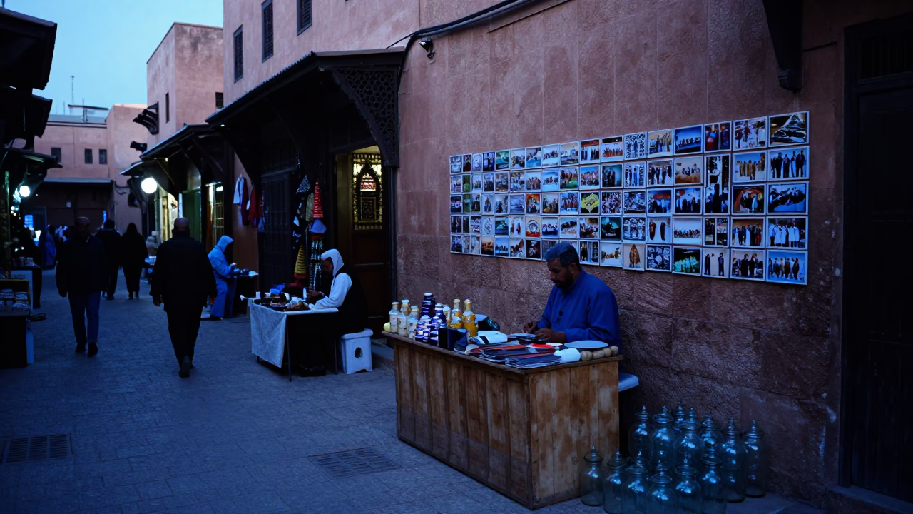 Evening Street Scene in Marrakech Morocco with Postcards and Glass Jars in in Marrakech, Morocco