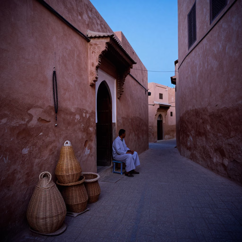 Evening street scene in Marrakech Morocco with prayer beads and wicker shadows in in Marrakech, Morocco