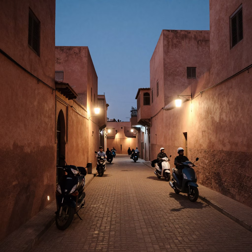 Evening street scene in Marrakech Morocco with scooter and local life in in Marrakech, Morocco