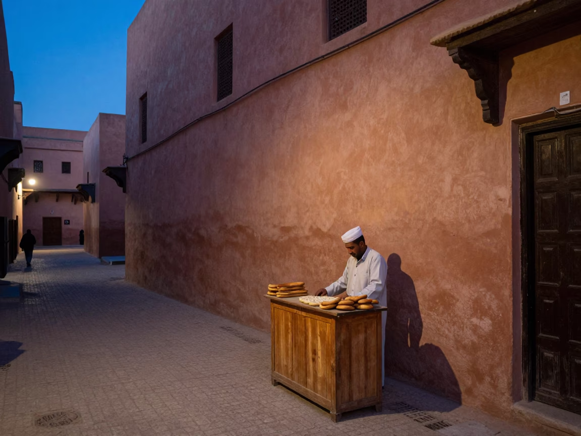 Evening Street Scene in Marrakech Morocco with Traditional Bread and Mortar in in Marrakech, Morocco