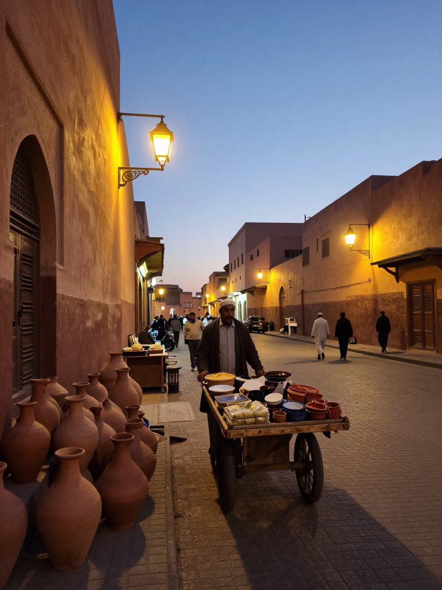 Evening Street Scene in Marrakech Morocco with Traditional Clay Pot and Wooden Cart in in Marrakech, Morocco