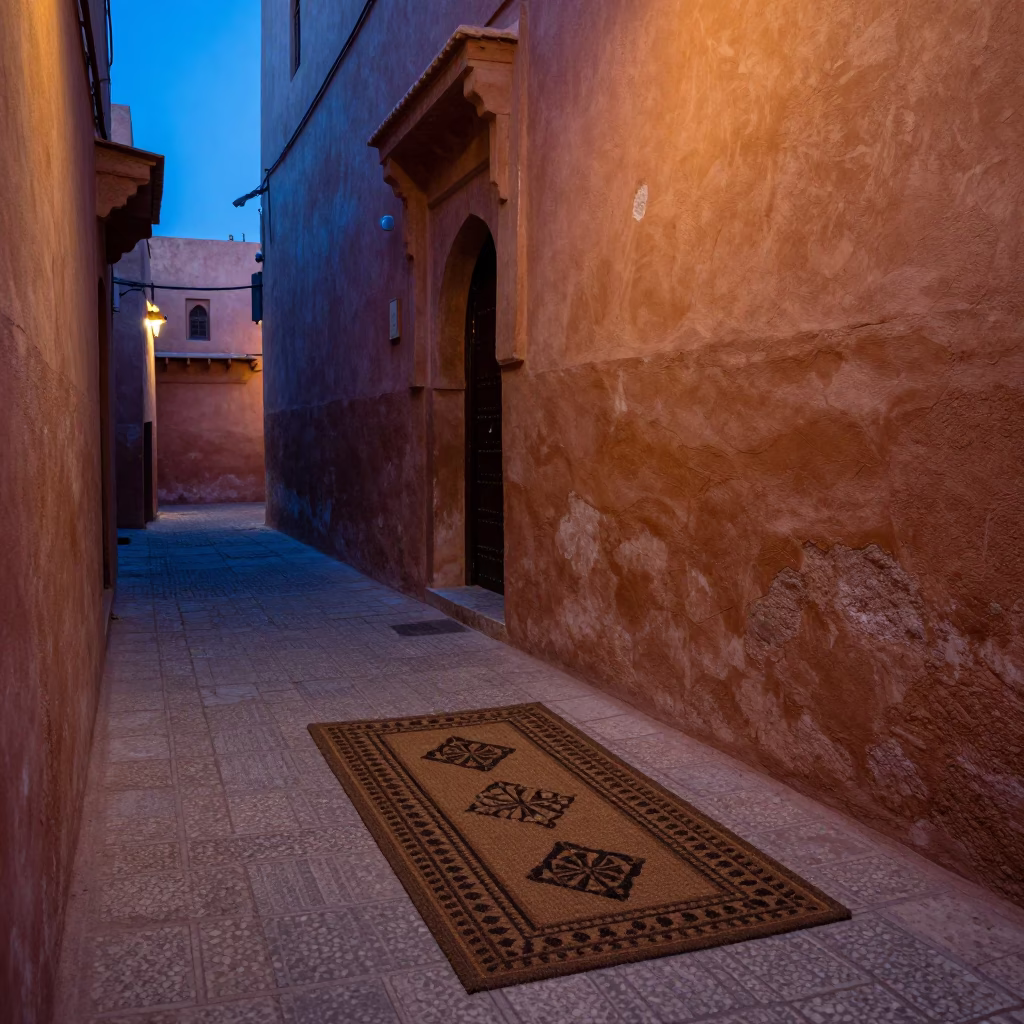 Evening Street Scene in Marrakech Morocco with Traditional Doormat and Stone Boot Scraper in in Marrakech, Morocco