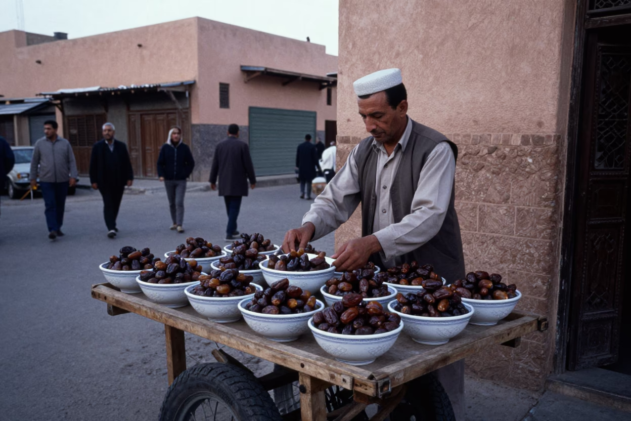Evening Street Scene in Marrakech Morocco with Traditional Serving Bowls and Wicker Shadows in in Marrakech, Morocco