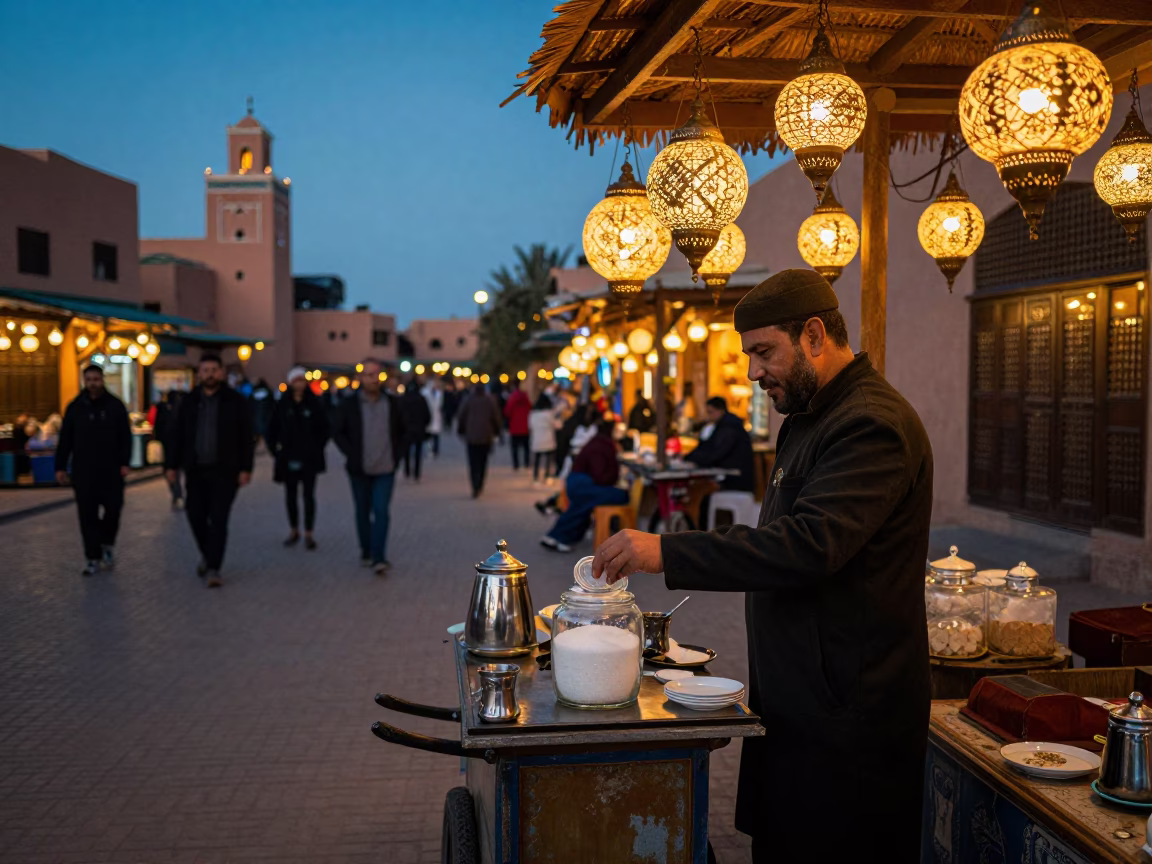 Evening Street Scene in Marrakech Morocco with Traditional Tea and Lantern Light in in Marrakech, Morocco