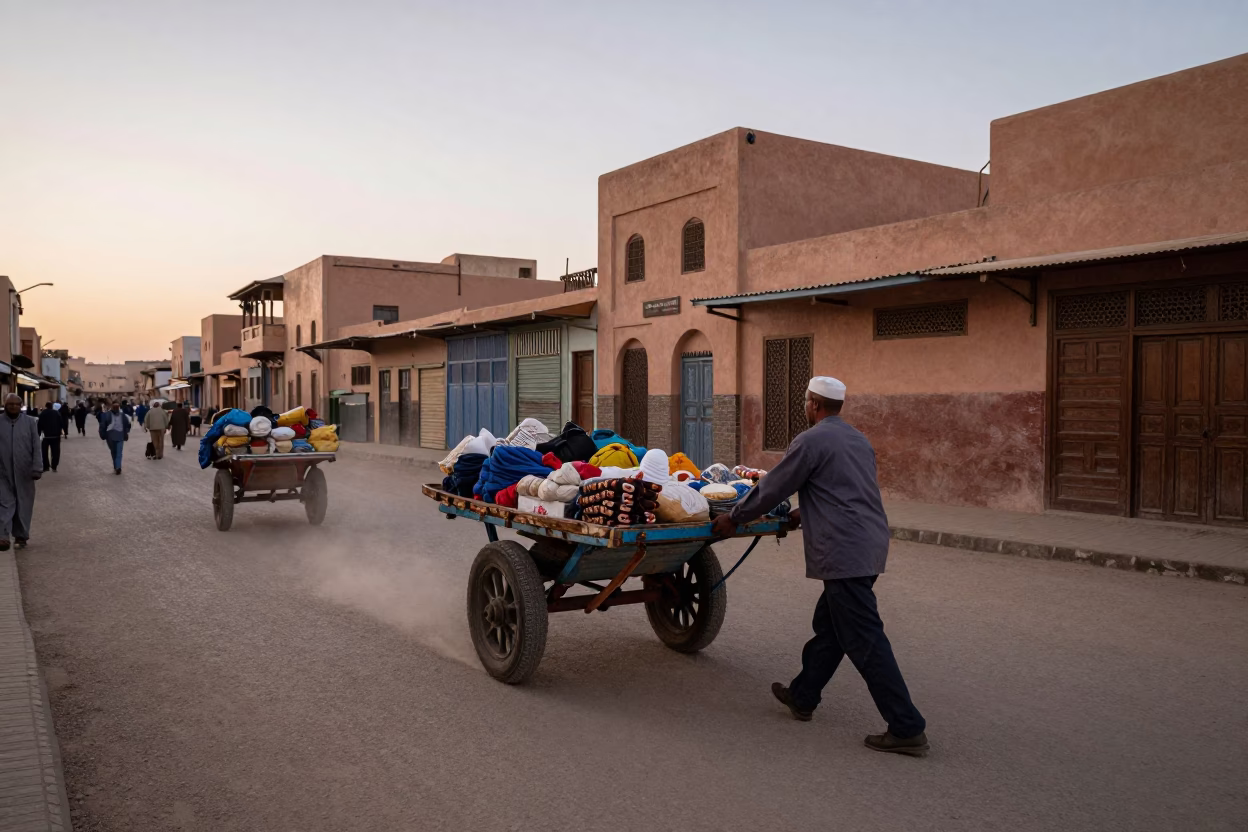 Evening Street Scene in Marrakech with Rolling Carts and Local Activity in in Marrakech, Morocco