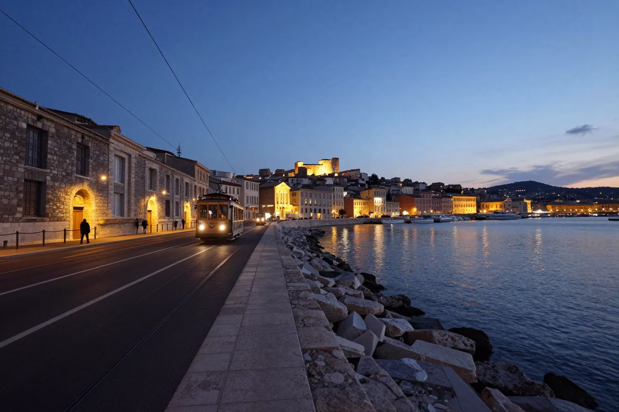 Evening Street Scene in Marseille France with Cable Car and Urban Lights in in Marseille, France