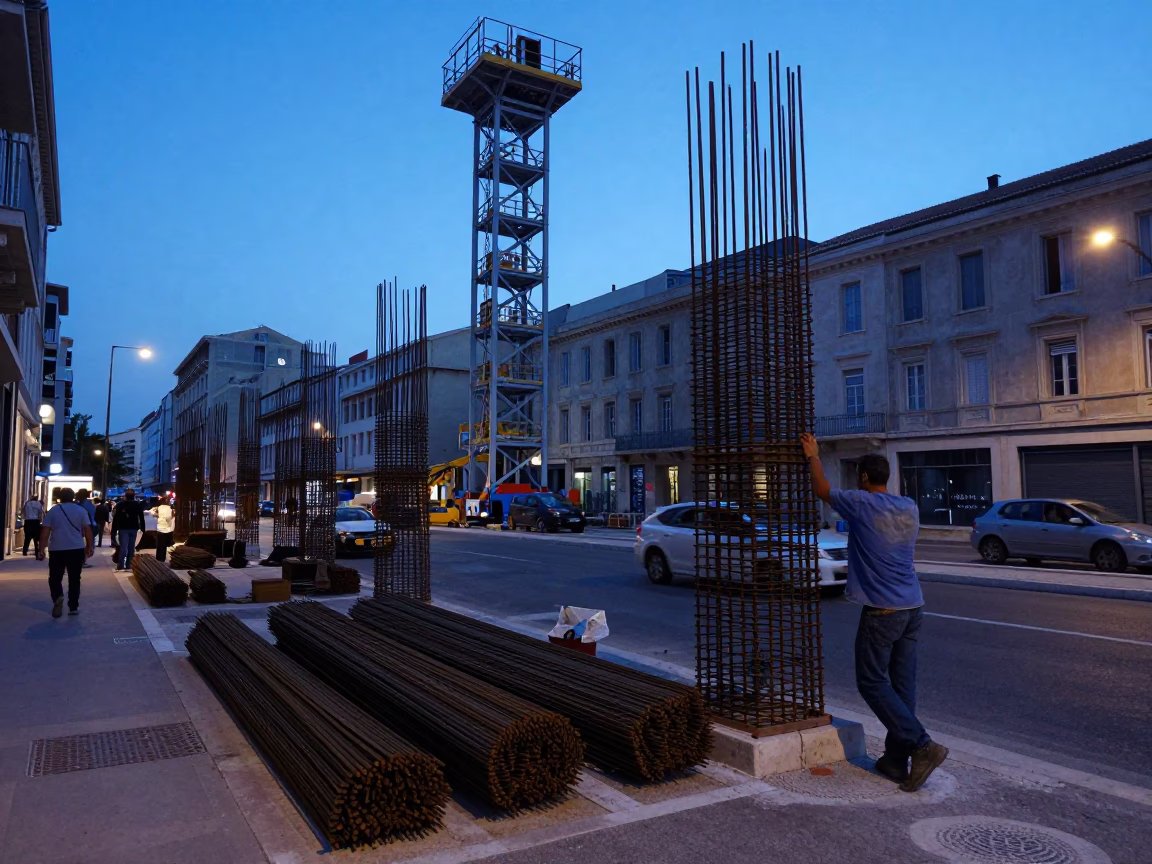 Evening Street Scene in Marseille France with Construction Elevator and Rebar in in Marseille, France