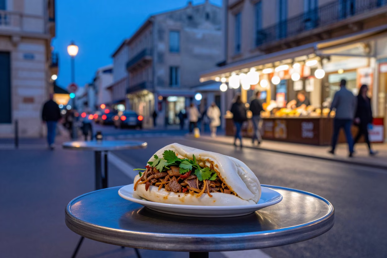 Evening Street Scene in Marseille France with Local Food and City Lights in in Marseille, France