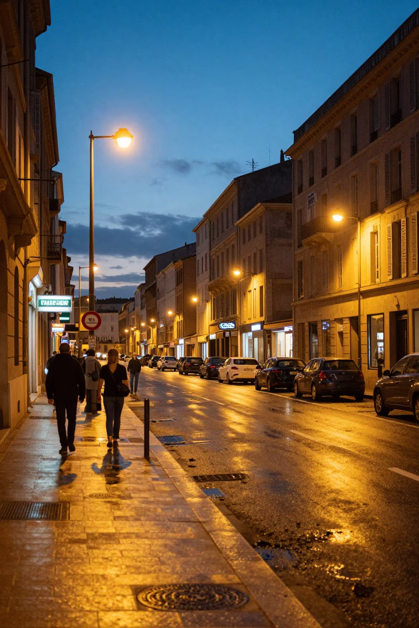Evening Street Scene in Marseille France with Neon Signs and City Lights in in Marseille, France
