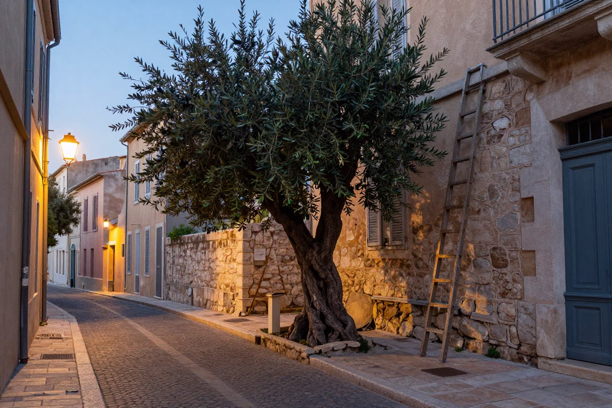 Evening Street Scene in Marseille France with Olive Tree and Ladder Chair in in Marseille, France