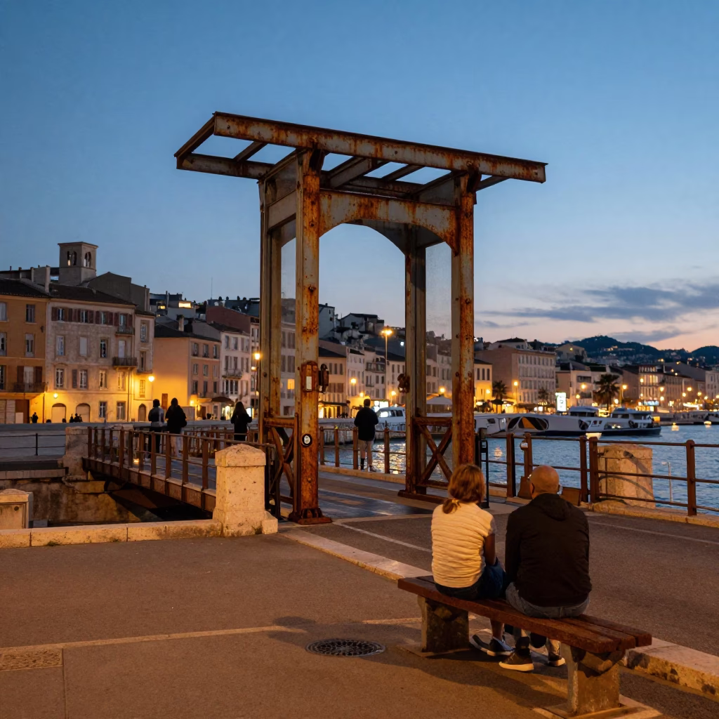 Evening Street Scene in Marseille France with Rusted Drawbridge and Local Life in in Marseille, France