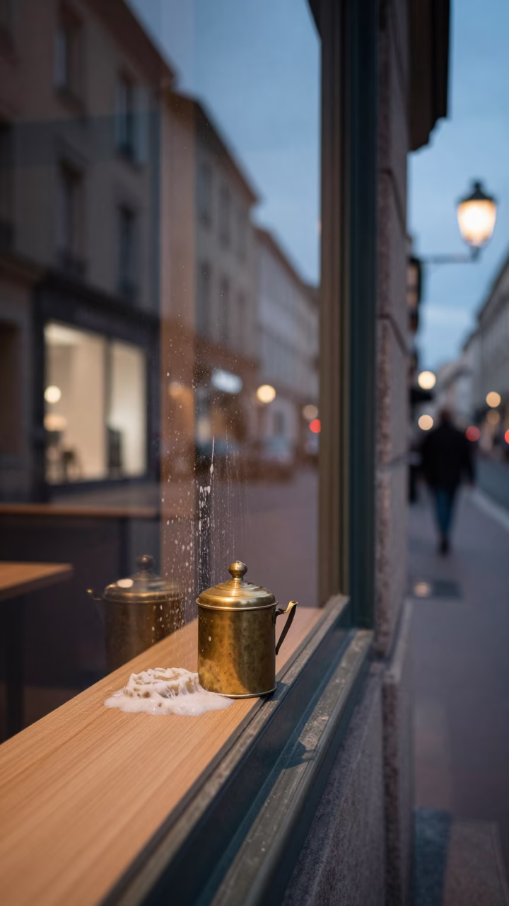 Evening Street Scene in Marseille France with Tiffin Tin and Soap Residue on Window in in Marseille, France