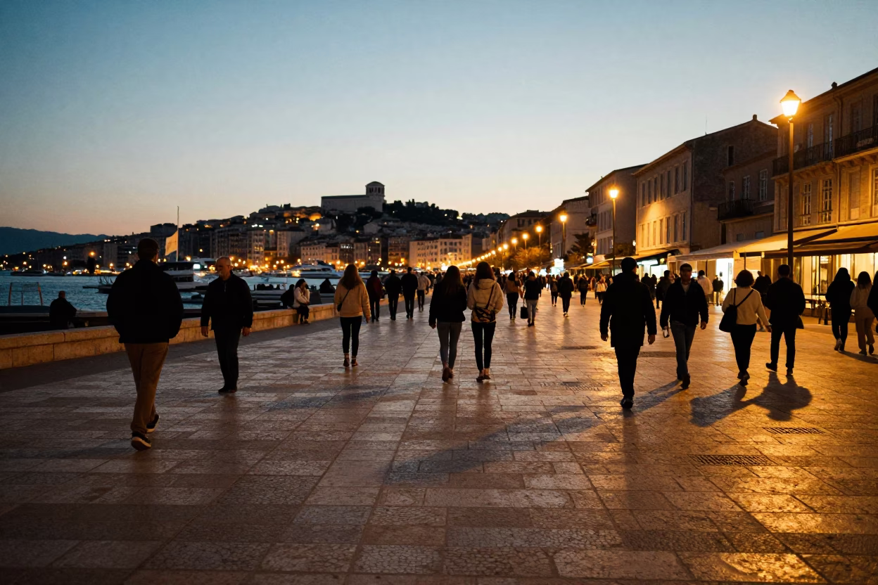Evening street scene in Marseille France with tourists and locals near Old Port in in Marseille, France