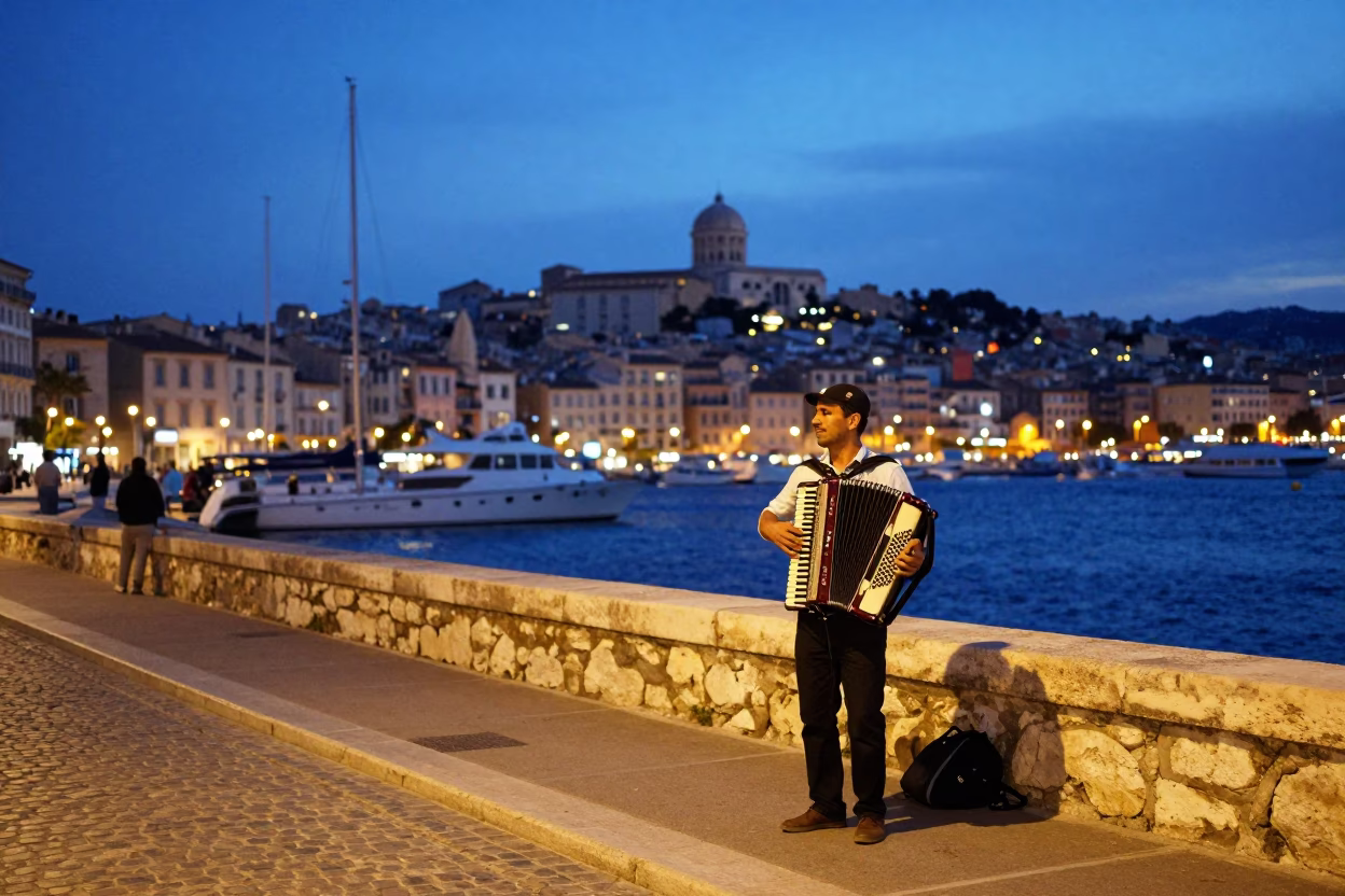Evening street scene in Marseille France with traditional accordion player performing near Vieux Port in in Marseille, France
