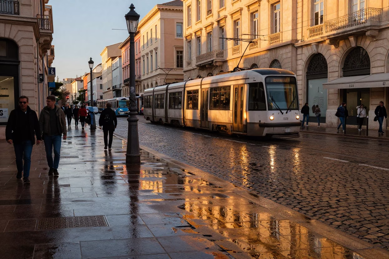 Evening Street Scene in Marseille France with Tram Reflection and Cobblestones in in Marseille, France