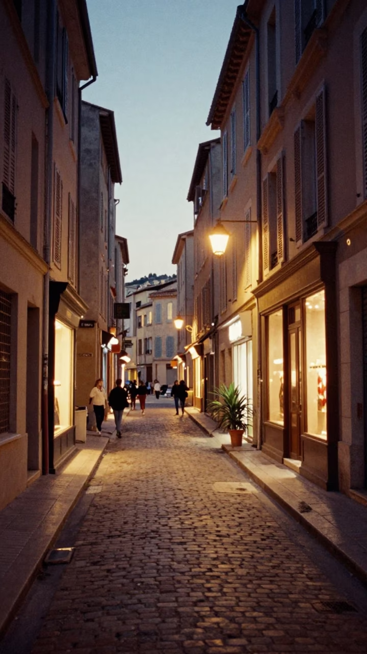 Evening Street Scene in Marseille France with Vintage 1960s Aesthetic and City Lights in in Marseille, France