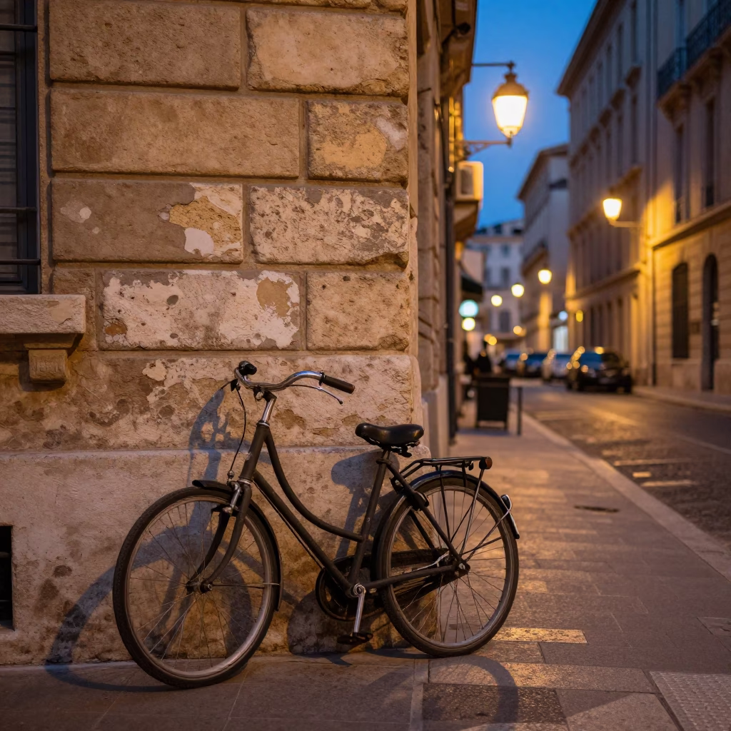 Evening Street Scene in Marseille France with Vintage Bicycle and City Lights in in Marseille, France