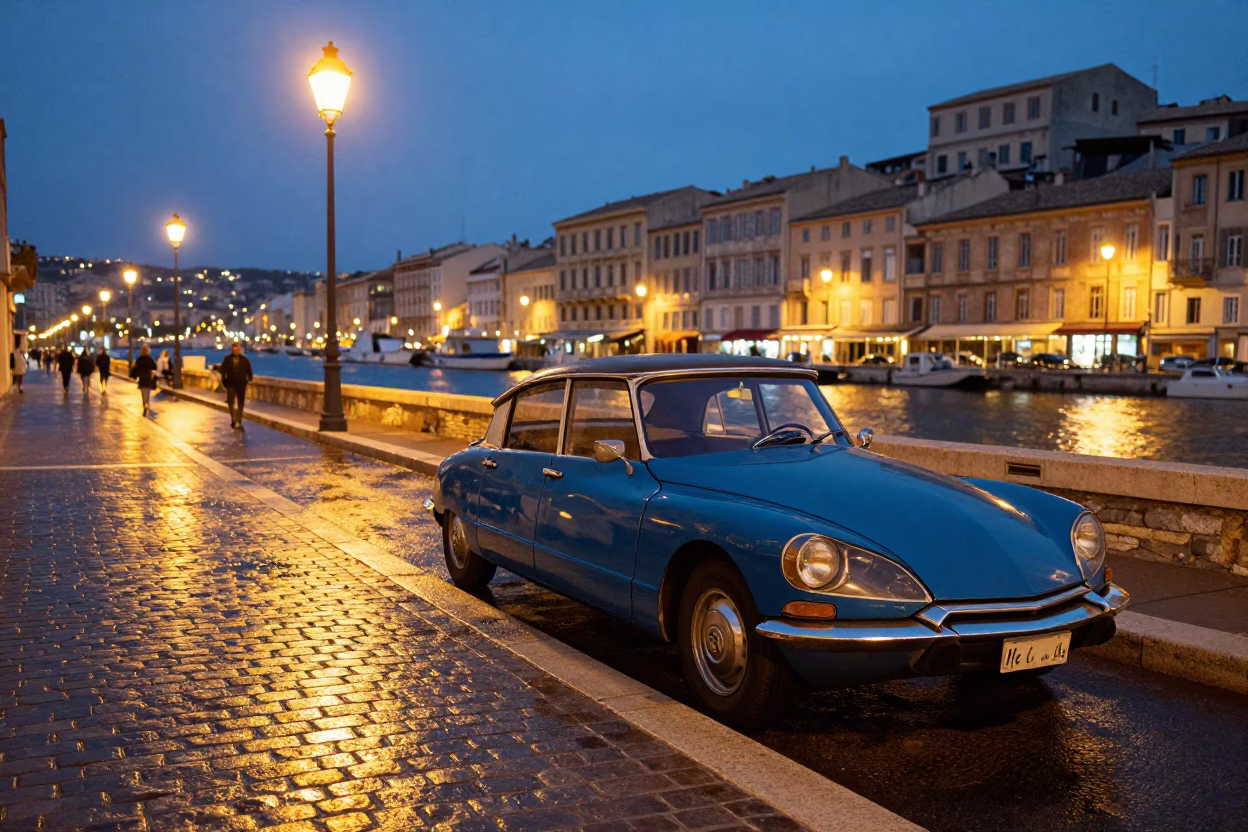 Evening Street Scene in Marseille France with Vintage Car and Local Architecture in in Marseille, France