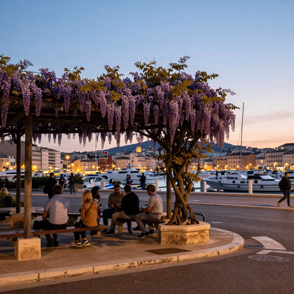 Evening Street Scene in Marseille France with Wisteria Pergola and Urban Activity in in Marseille, France