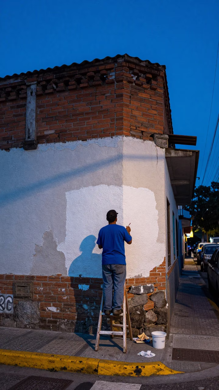 Evening Street Scene in Medellin Colombia Painter Whitewashing Wall Under Blue Light in in Medellin, Colombia