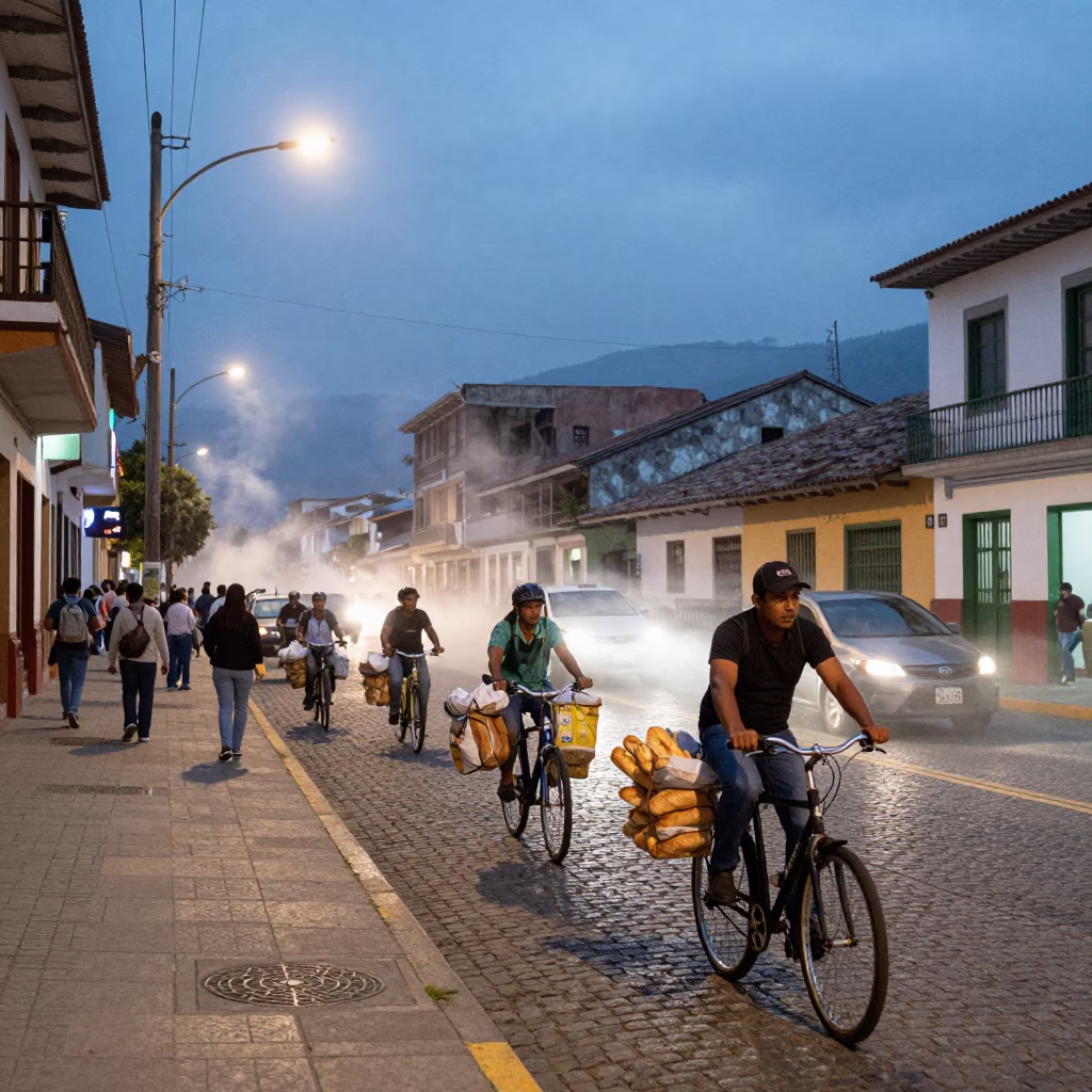 Evening street scene in Medellin Colombia with bicycle and steam haze in in Medellin, Colombia