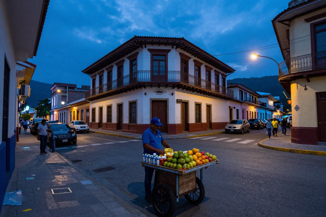 Evening Street Scene in Medellin Colombia with Blue Hour Light and Local Market Activity in in Medellin, Colombia