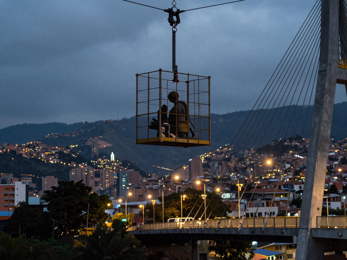 Evening street scene in Medellin Colombia with bridge maintenance cage and city lights in in Medellin, Colombia