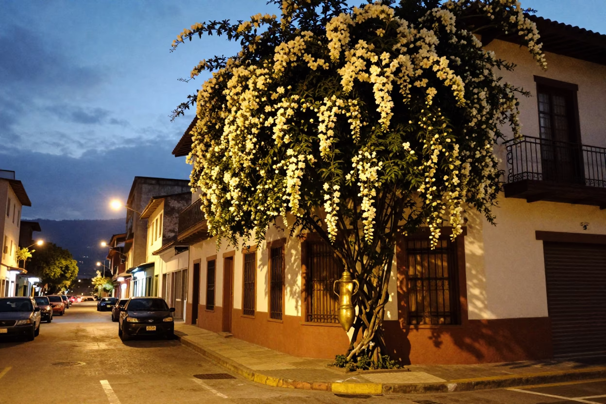 Evening Street Scene in Medellin Colombia with Climbing Jasmine and Brass Details in in Medellin, Colombia