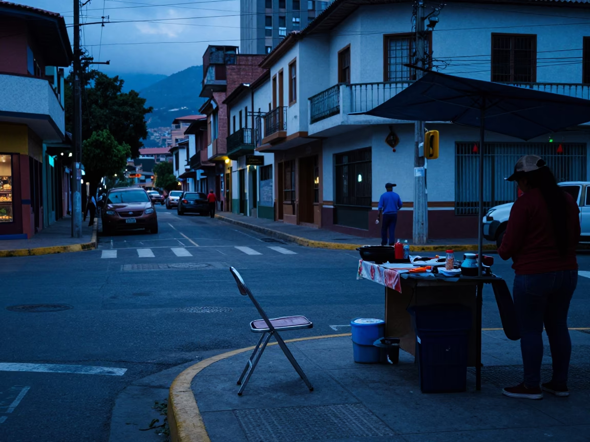 Evening Street Scene in Medellin Colombia with Folding Chair and Urban Details in in Medellin, Colombia