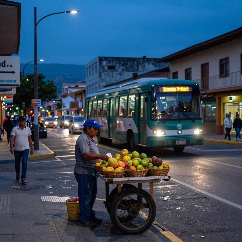 Evening Street Scene in Medellin Colombia With Fruit Vendor and Metro Train in in Medellin, Colombia