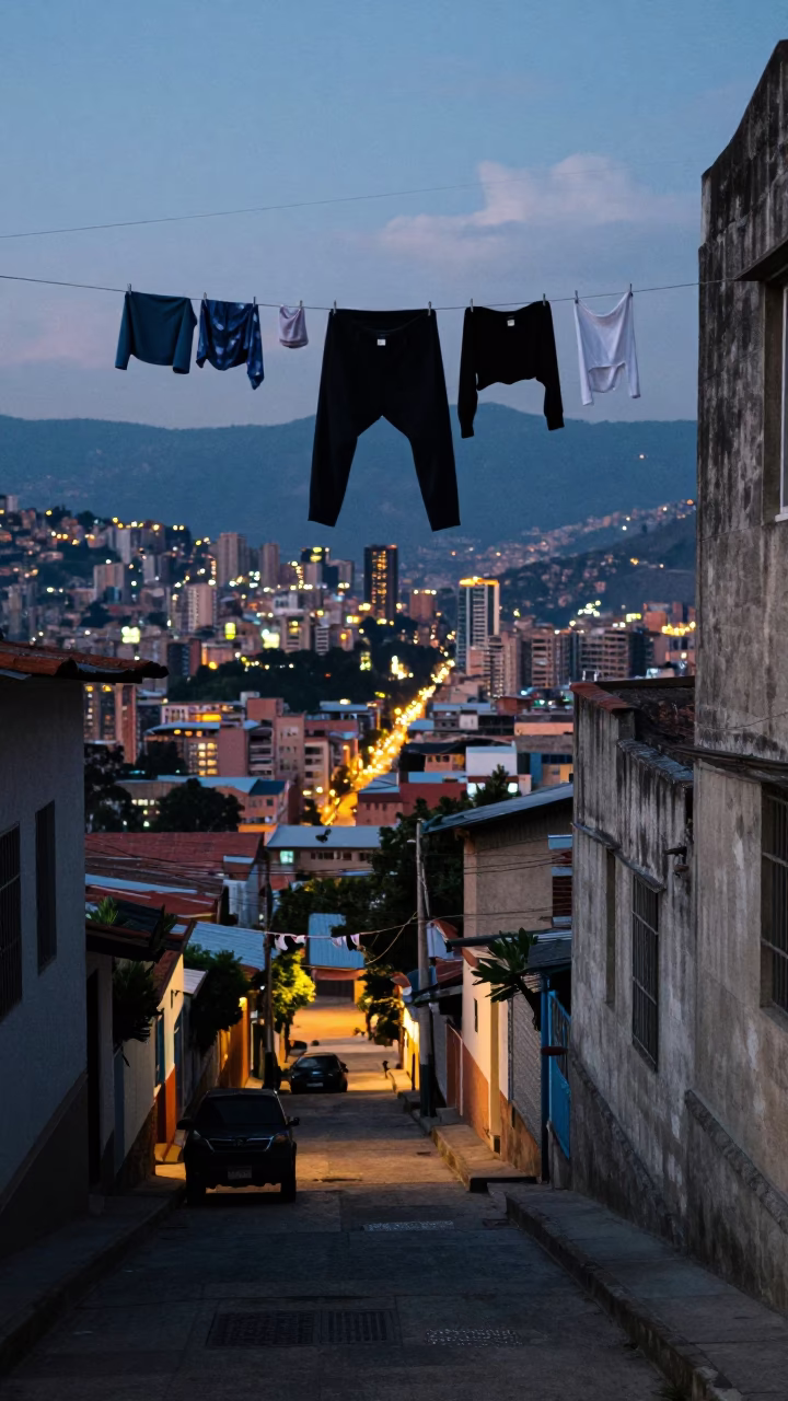 Evening Street Scene in Medellin Colombia with Laundry Hanging and City Lights in in Medellin, Colombia