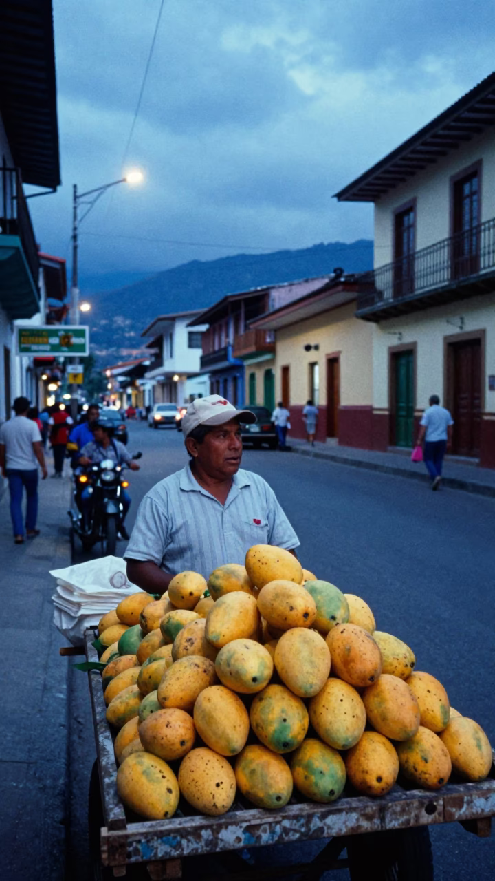 Evening Street Scene in Medellin Colombia with Mangoes and Local Life in in Medellin, Colombia
