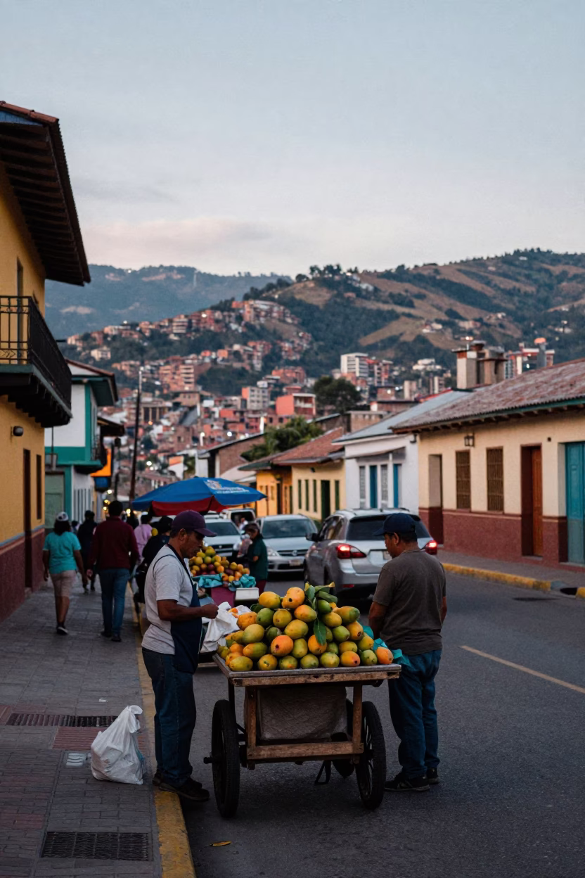 Evening Street Scene in Medellin Colombia with Mangoes and Local Market Activity in in Medellin, Colombia