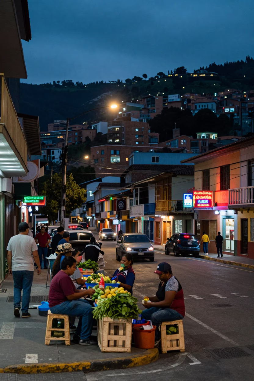 Evening Street Scene in Medellin Colombia with Neon Lights and Local Market Activity in in Medellin, Colombia