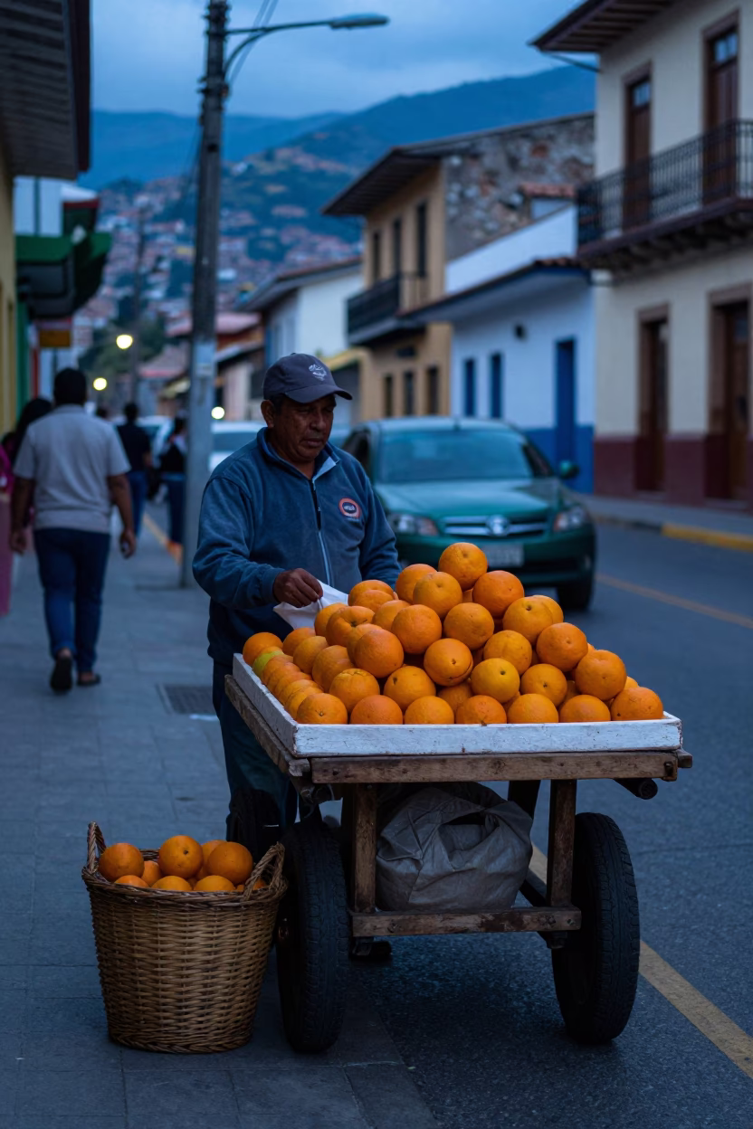 Evening street scene in Medellin Colombia with oranges and wicker basket at dusk in in Medellin, Colombia