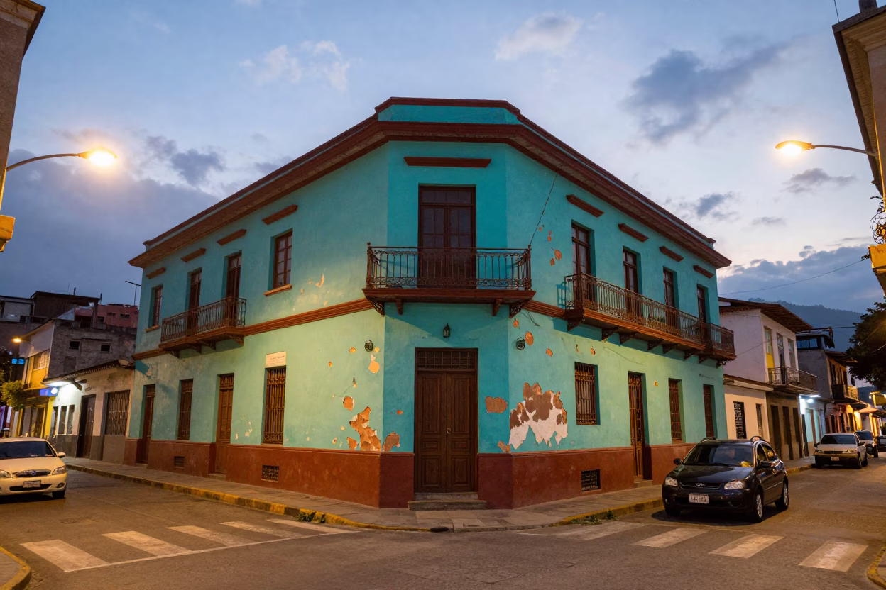 Evening street scene in Medellin Colombia with peeling turquoise paint and cooking pot in in Medellin, Colombia