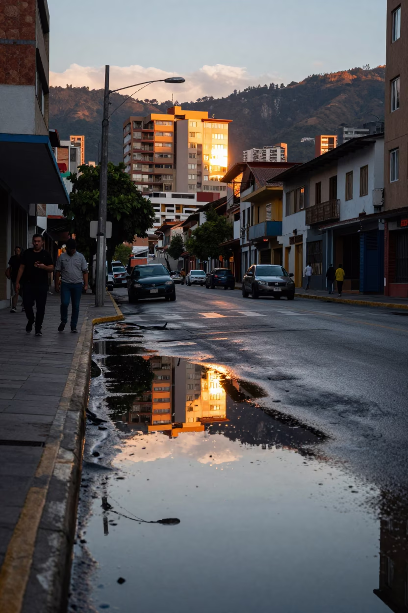 Evening Street Scene in Medellin Colombia with Puddle Reflections and City Lights in in Medellin, Colombia