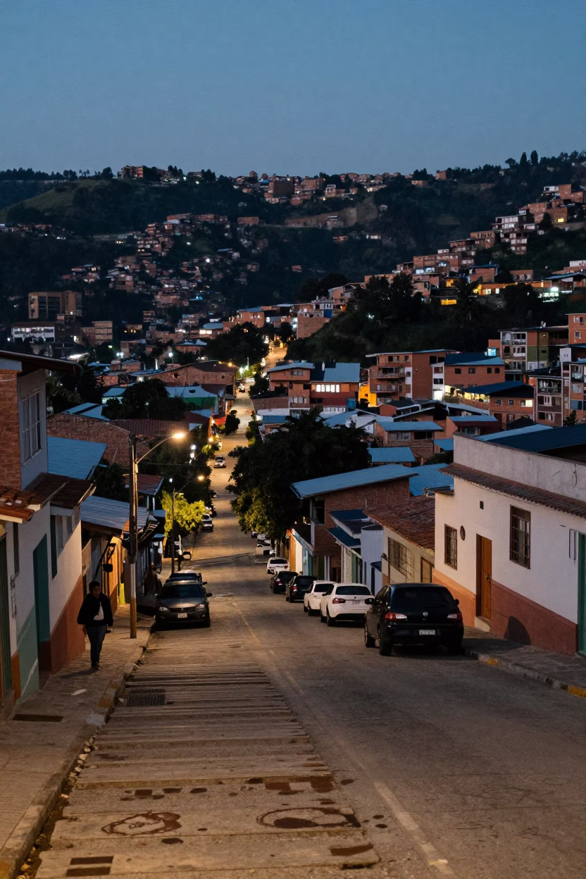 Evening Street Scene in Medellin Colombia with Tea Stains on Wooden Bench in in Medellin, Colombia