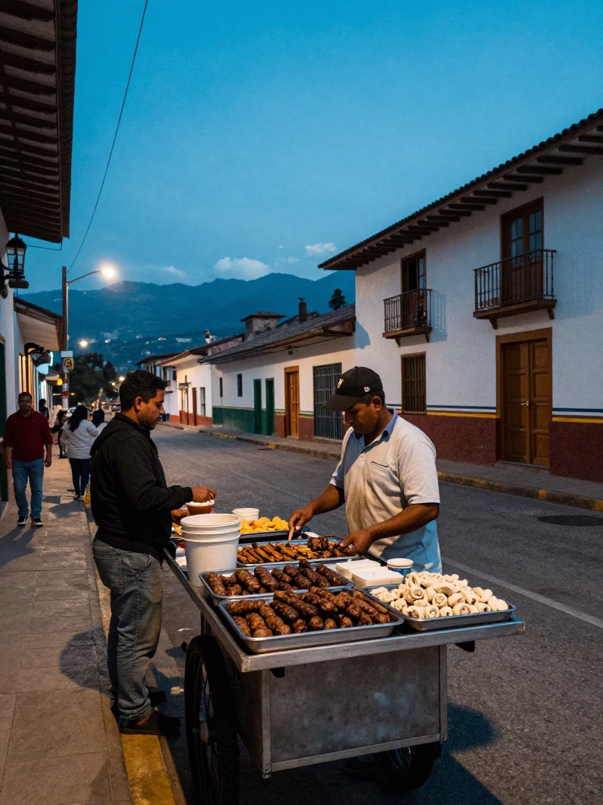 Evening Street Scene in Medellin Colombia with Traditional Food and Local Life in in Medellin, Colombia